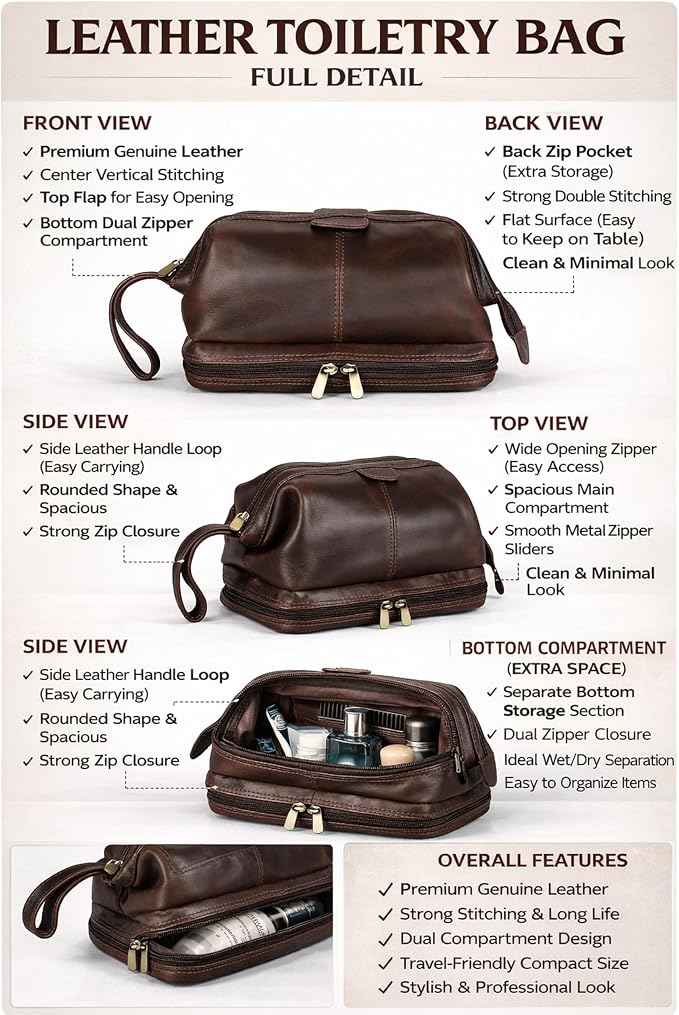 cuero Genuine Buffalo Leather Unisex Toiletry Bag Travel Leather Dopp Kit Made With High Class Buffalo Leather - Image 3