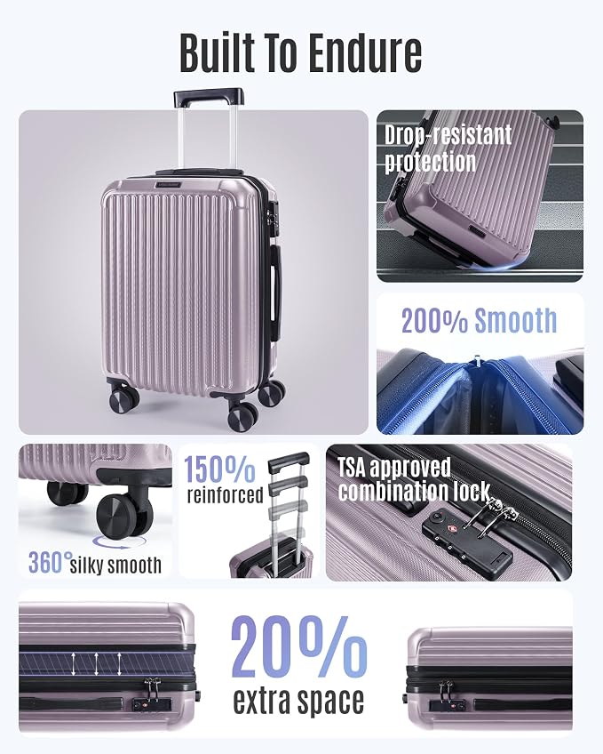 LIGHT FLIGHT Carry On Luggage 22x14x9 Airline Approved, Rose Purple | 20 Inch, 22x14x9 Airline Approved, Hard Shell with Wheels, Expandable, TSA Lock - Image 2