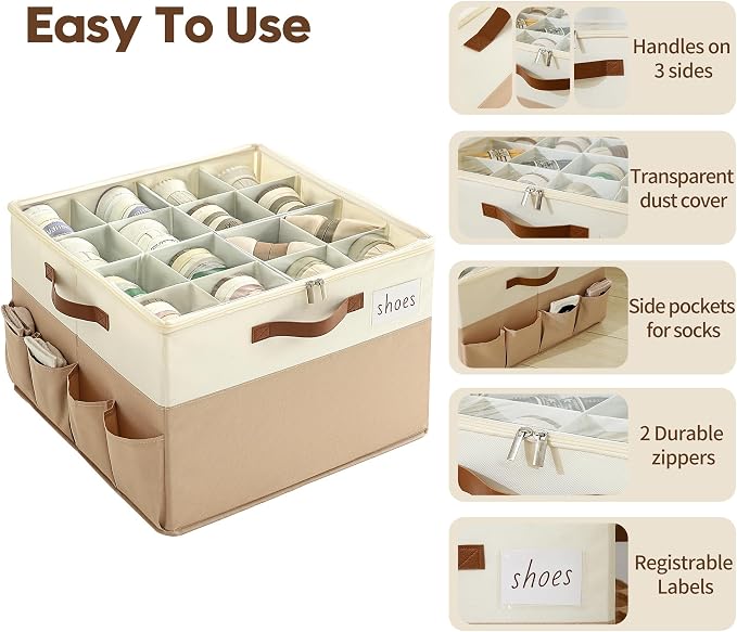 Varhomax Shoe Organizer Box for Closet, Fabric Shoe Storage Bin with Adjustable Dividers & Clear Cover, Holds up 16-32 Pairs of Sneakers & Sandals for Entryway, Cubby - Image 7