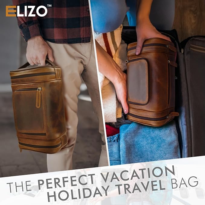 ELIZO Genuine Leather Toiletry Bag for Men Mens Toiletry Bags for Traveling Waterproof Hanging Leather Dopp Kit w/Hook Extra largeToiletry Bag Travel Organizer for Toiletries - Image 5