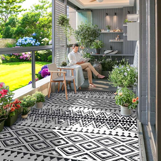DiiKoo Waterproof Outdoor Rug 8x10ft, Bohemia Reversible Plastic Straw Mat for Patio RV Deck Porch Backyard Balcony Camping Picnic Beach Indoor Outdoor, Black&White - Image 6