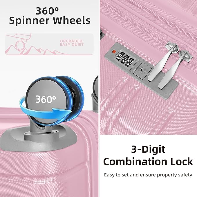 6 Piece Luggage Set Hard Shell - Pink Expandable Suitcases with Spinner Wheels and Duffel Bags for Family Travel, Durable Carry On Luggage Sets with Lock for Women and Girls - Image 3