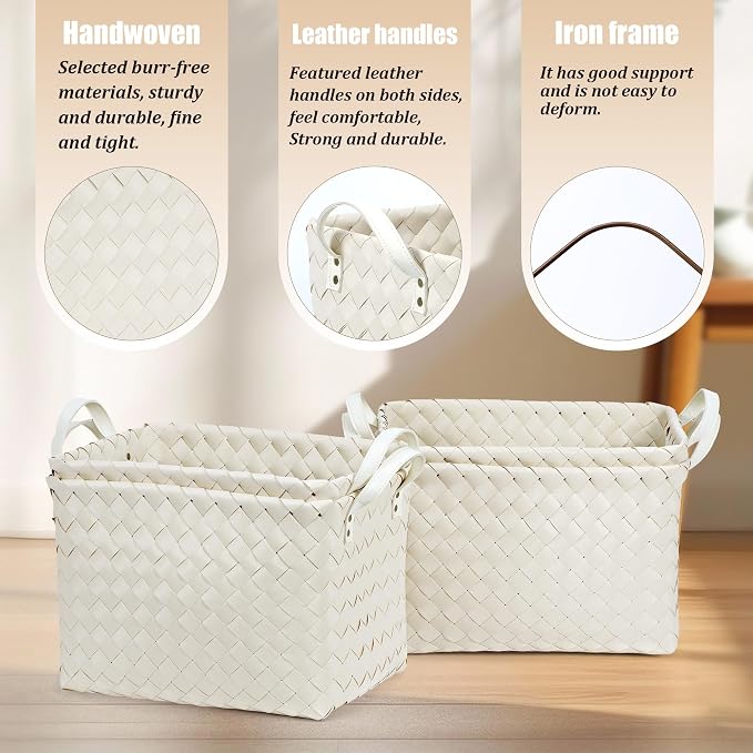 Handwoven Clothes Basket Laundry Hampers Large Wicker Storage Baskets for Shelves Blankets Closet Storage Bins Car Bedroom Bathroom Organizers and Storage Bath (Pack of 4, Ivory) - Image 2