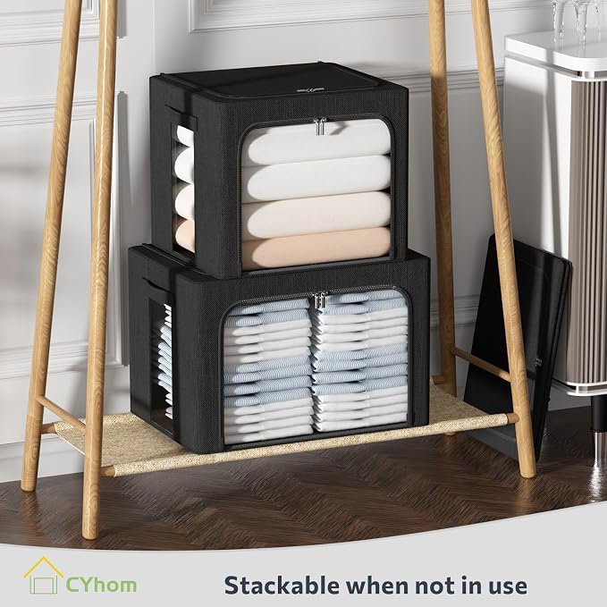 CYhom Extra Large Clothes Storage Bins Box - Linen Fabric Foldable Stackable Container Organizer Set with Clear Window & Carry Handles & Metal Frame (Black, Extra Large-100L) - Image 6