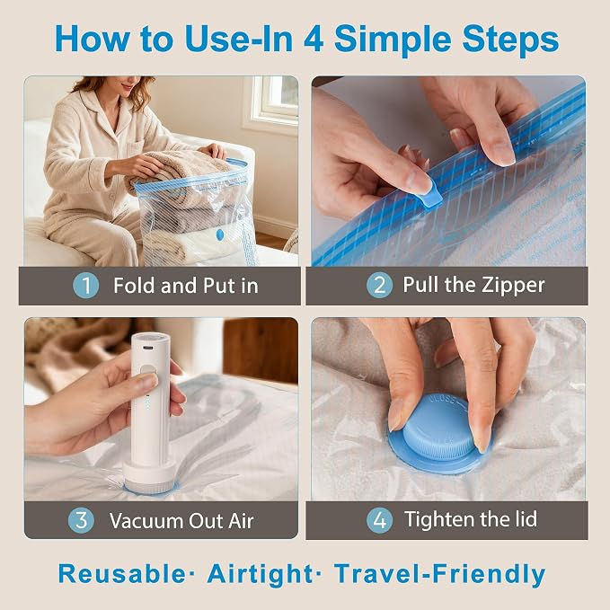 ANBIUX Vacuum Bags for Travel with Rechargeable air Pump, 16 Pack Carry-on Size Compression Packing Bags for Luggage and Suitcase, Space Saver for Clothes and Clothing Travel 16 PACK+PUMP - Image 6