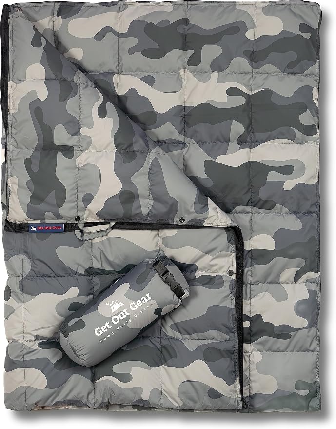 Get Out Gear Down Camping Blanket - Puffy, Packable, Lightweight and Warm | Ideal for Outdoors, Travel, Stadium, Festivals, Beach, Hammock | 650 Fill Power Water-Resistant Backpacking Quilt by Get+Out+Gear