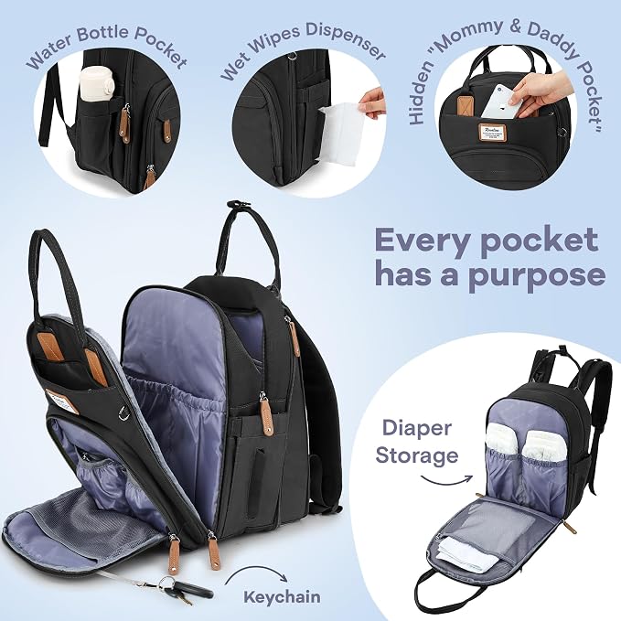 RUVALINO Diaper Bag Backpack-Expandable Baby Bag with up to 50% Capacity -Baby Essentials Bag with Changing Pad Insulated Bottle Holders & Pacifier Case, Waterproof, Black XL - Image 3
