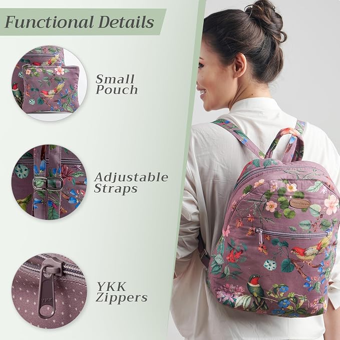 Maison d' Hermine Backpack for Women Men Cotton Shoulder Multipurpose Rucksack with Small Pouch Lightweight Multi Pocket Bag for Travel Work Beach Perfect for Spring Summer (Eden - Violet) - Image 4