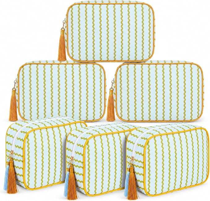 Kacctyen 6 Pack Mustard Yellow and Sage Green Striped Makeup Bag bulk with Tassel Travel Cosmetic Pouch Organizer Large Zipper Toiletry Case for Women Aesthetic Storage Pouch Mahjong Tile Bag by Kacctyen
