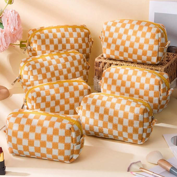 Gilprop 8 Pcs Checkered Makeup Bag for Purse Small Cosmetic Pouch Bulk Portable Zipper Makeup Pouch Travel Toiletry Organizer Gifts for Women Bridesmaid Wedding Party Favors (Orange) - Image 4