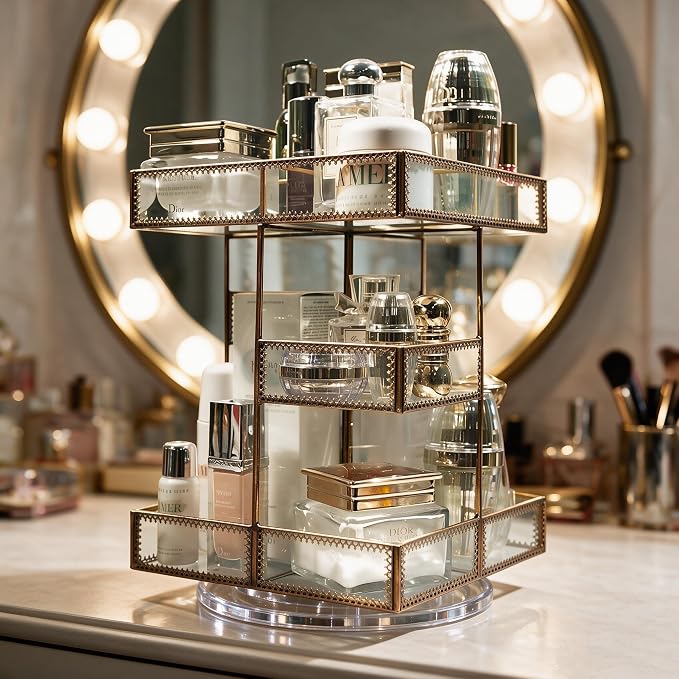 360 Rotating Glass Makeup Organizer | Spinning Vanity Cosmetic Storage, Multi-Layer Compartments, Luxury Countertop, For Skincare, Perfume, Cosmetics - Image 9