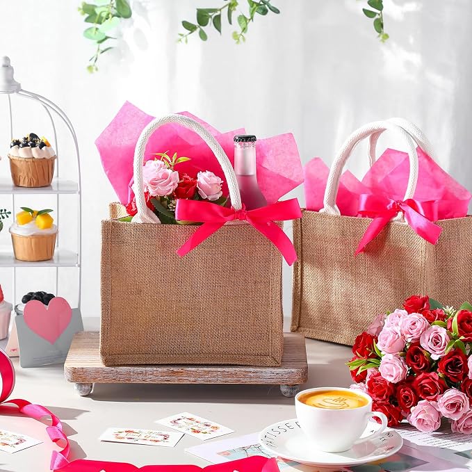 Shinylin 12 Pack Burlap Tote Bags Bulk with Handles Small Wedding Jute Bag with Rose Red Tissue Paper & Ribbon, Reusable Party Favor Welcome Bags for Bridesmaid Proposal Bridal Shower Galentine's Day - Image 4