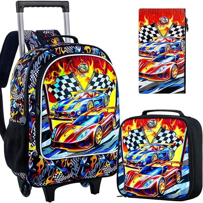 HPJGD 3PCS Car Rolling Bookbag for Boys, Kids School Backpack with Wheels, Water Resistant UV Printed Roller Wheeled Bookbag Set with Lunch Box by HPJGD