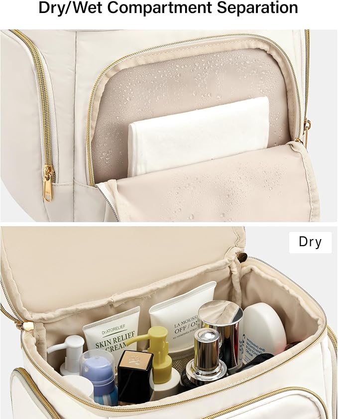 Hanke Large Toiletry Bag for Women Travel, Double Layer Organizer with Wide Opening for Full-Size Cosmetics & Toiletries, 12.2L Water-Resistant Makeup Bag,Off White - Image 4