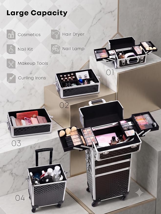 4-in-1 Cosmetology Case on Wheels Portable Rolling Makeup Train Case | Rolling cart for cosmetic supplies, Portable storage for makeup artists/hairstylists/nail technicians/beauty enthusiasts - Image 3