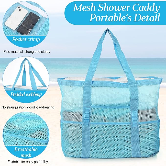 Hillban Large Beach Mesh Bags Bulk for Women Beach Tote Bag with 8 Pocket Zipper Waterproof Sandproof for Pool Cruise Ship - Image 4