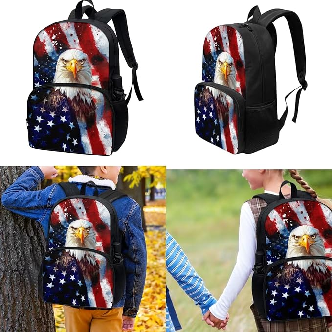 3 Pcs School Backpack for Girls Boys Blue American Flag Eagle Backpack Kids Preschool Elementary Bookbags Set With Lunch Tote Bag Pencil Case Kids School Bags Daypack 3 In 1 - Image 2