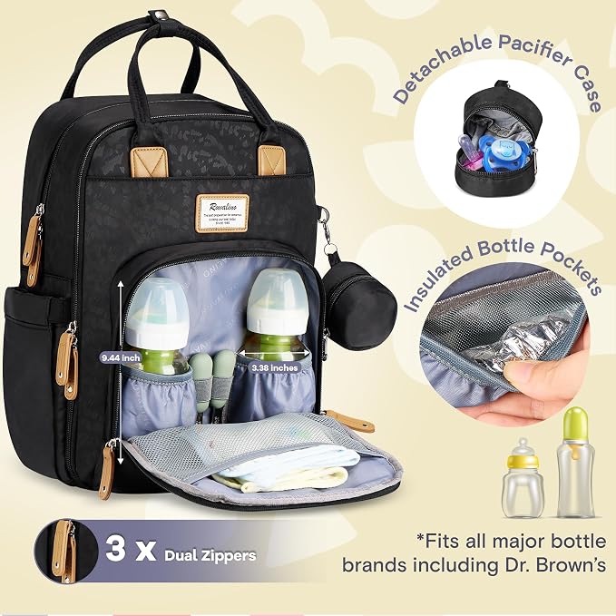 RUVALINO Diaper Bag Backpack-Multifunction Baby Travel Bag with Changing pad, Insulated Bottle Holders & Pacifier Case, Large Capacity, Waterproof, Black Leopard - Image 2