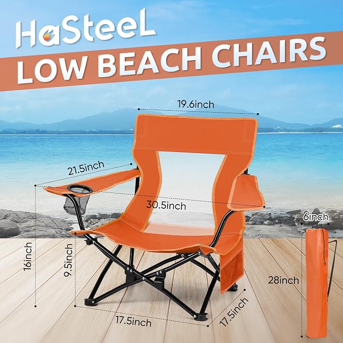 HaSteeL Folding Beach Chair Set of 2, Foldable Orange Camping Chairs for Outside, Low Beach Chair Portable for Adults Fishing, Picnic, Outdoor BBQ, Travel, Sports, Cup Holder & Storage Bag - Image 2