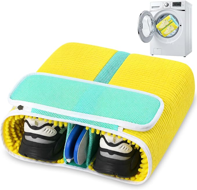 Dual Compartment Shoe Washing Machine Bag, Heavy-Duty Sneaker Laundry Bags with Clasp-Lock Zipper, Thick Chenille & Reinforced Seams for Maximum Protection, Yellow/Blue, 1-Piece by TadpoleJump