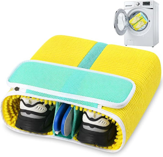 Dual Compartment Shoe Washing Machine Bag, Heavy-Duty Sneaker Laundry Bags with Clasp-Lock Zipper, Thick Chenille & Reinforced Seams for Maximum Protection, Yellow/Blue, 1-Piece by TadpoleJump