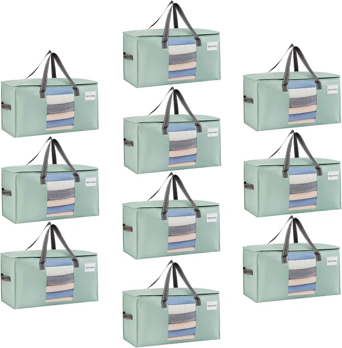 VENO 10 Pack Heavy Duty Moving Bags, Clothes and Comforter Storage Bags with Clear Window, College Dorm Essentials Packing Supplies, Foldable Boxes Alternative (Light Green Matte, 10 Pack) by Veno