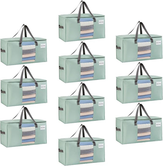 VENO 10 Pack Heavy Duty Moving Bags, Clothes and Comforter Storage Bags with Clear Window, College Dorm Essentials Packing Supplies, Foldable Boxes Alternative (Light Green Matte, 10 Pack) by Veno