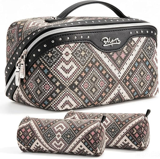 BOYATU Travel Makeup Bags for Women: Western Studded Boho Large Capacity Cosmetic Organizer - Wild, free, Punk Style - 3Pc Waterproof Toiletry Set with Blush Compartment - No Chaos & Easy Clean Black by BOYATU