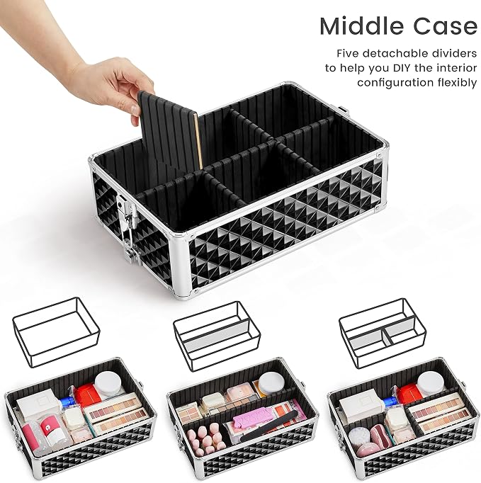 Yaheetech Rolling Makeup Train Case 3 in 1 Cosmetic Case Large Capacity Organizer with Swivel Wheels Key Cosmetic Trolley for Nail Tech Makeup - Black - Image 5
