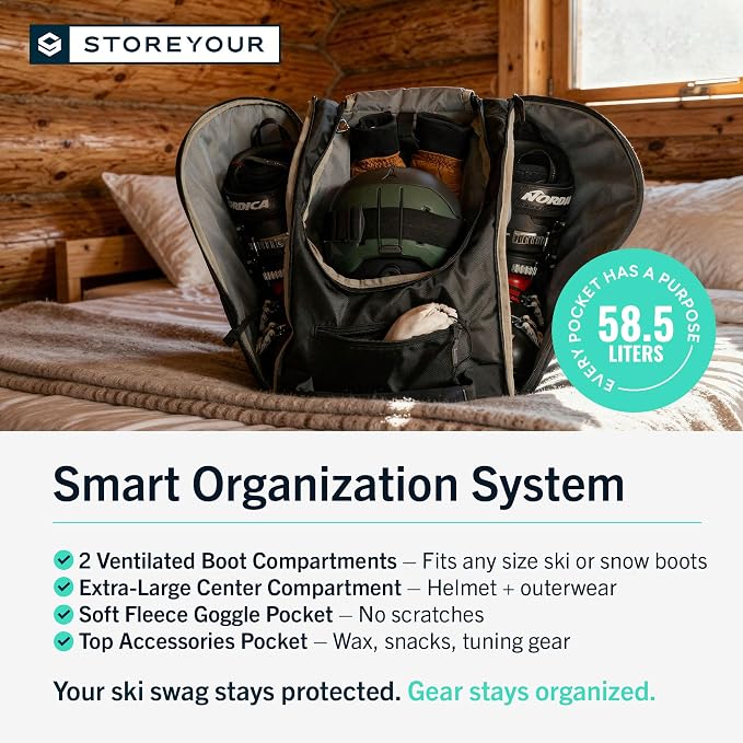 StoreYourBoard Ski Boot Bag Backpack for Ski Helmet & Snowboard Helmet – Waterproof Ski Bag with Compartments for Ski Goggles Men, Snowboarding Goggles, Ski Gloves Women & Ski Accessories, Black 58.5L - Image 4