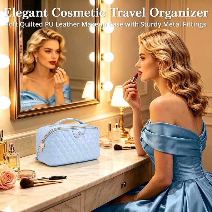 Travel Makeup Bags Cosmetic Organizer: 3Pcs Set Puffy Make up Bag for Women | Blue Premium Quilted ELEGANCE Design | Large Capacity Leather Toiletry Bags | Wide Open Compact Case for Travel Essentials - Image 3