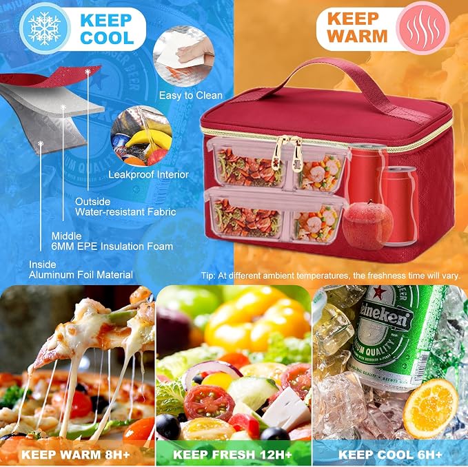 AIJIEKE Lunch Backpack for Women, 15.6 Laptop Backpack, Lunch Box, Red | Water resistant computer bag with insulated leakproof cooler. Travel meal prep backpack for nurse, teacher, college commute - Image 3