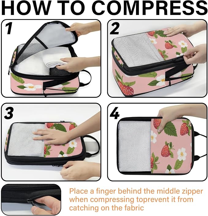 Floral Strawberry 6 Set Compression Packing Cubes for Travel Luggage Carry On Suitcase Compressible Expandable Packing Cubes Organizers Bag - Image 4