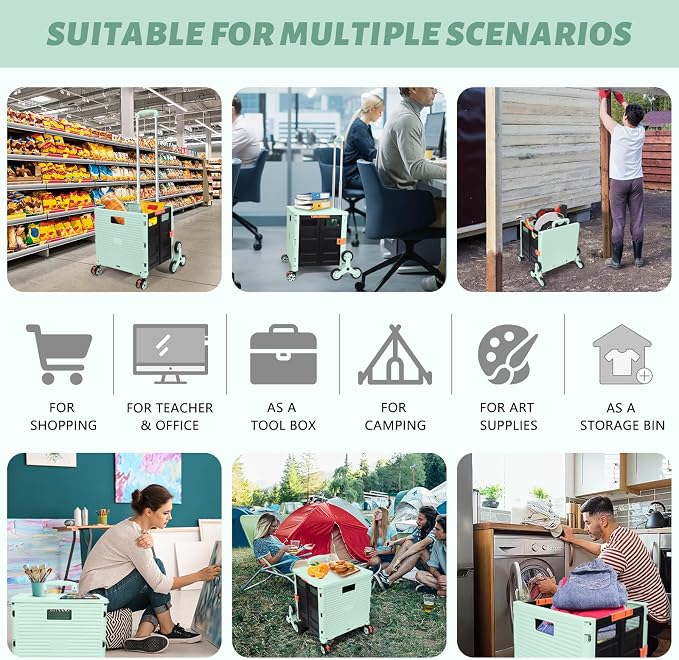 FELICON SELORSS Folding Utility Climber Cart Portable Rolling Crate-Green | Stair Climbing Wheels+360°Swivel Wheels,Telescoping Handle,Plastic Box Dolly for Travel Shop Move Laundry Office Teacher Use - Image 5