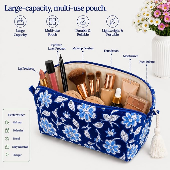 Huar Travel Makeup Bag- Large Capacity Cosmetic Bags for Women - Water Resistance Lining Portable Pouch & Open Toiletry Bag - Perfect Girls Makeup Organizer for Travel Essentials (Velvet Blue) - Image 2
