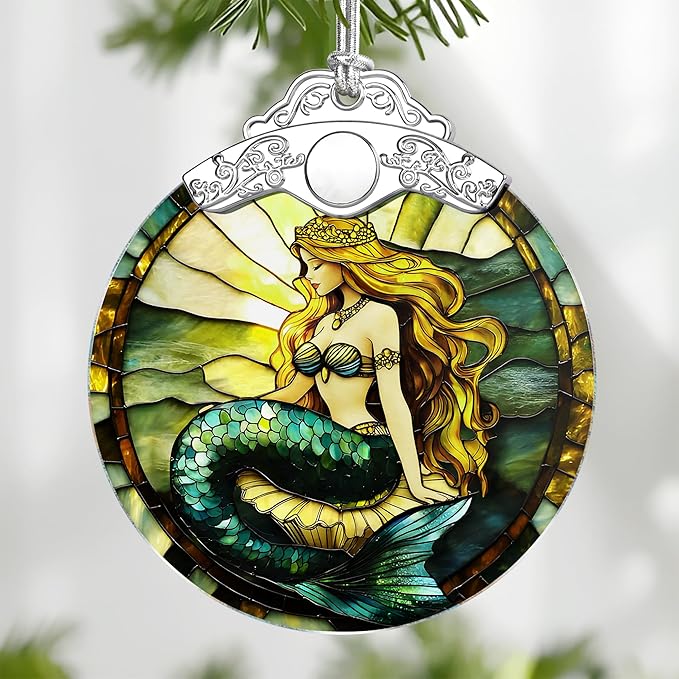 Mermaid Stained Glass Ornament, Christmas Ornaments – Christmas Tree Decorations, Holiday Decor, Stocking Stuffer, Gift Idea, Gifts for Mermaid Lover, Fans of Fairy-Tale Theme, Friend, Family