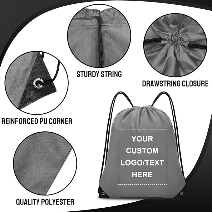 Grneric Custom Drawstring Bags Bulk 10/20/50/100/200 Pack, Promotional Items With Your Logo Personalized String Backpack for Gym, Sport, Travel, Gray - Image 2