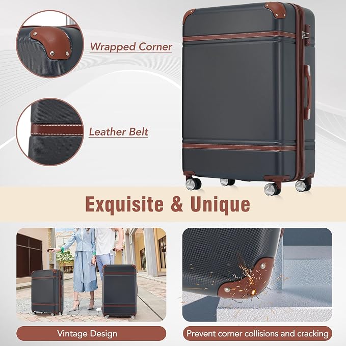 Merax Luggage Set 2 Piece Suitcase Set with Cosmetic Case Expandable Spinner Wheels Vintage Luggage Sets(Black,20"+24") - Image 6