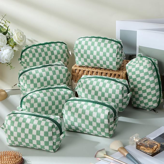 Gilprop 12 Pcs Checkered Makeup Bag for Purse Small Cosmetic Pouch Bulk Portable Zipper Makeup Pouch Travel Toiletry Organizer Gifts for Women Bridesmaid Wedding Party Favors (Green) - Image 4