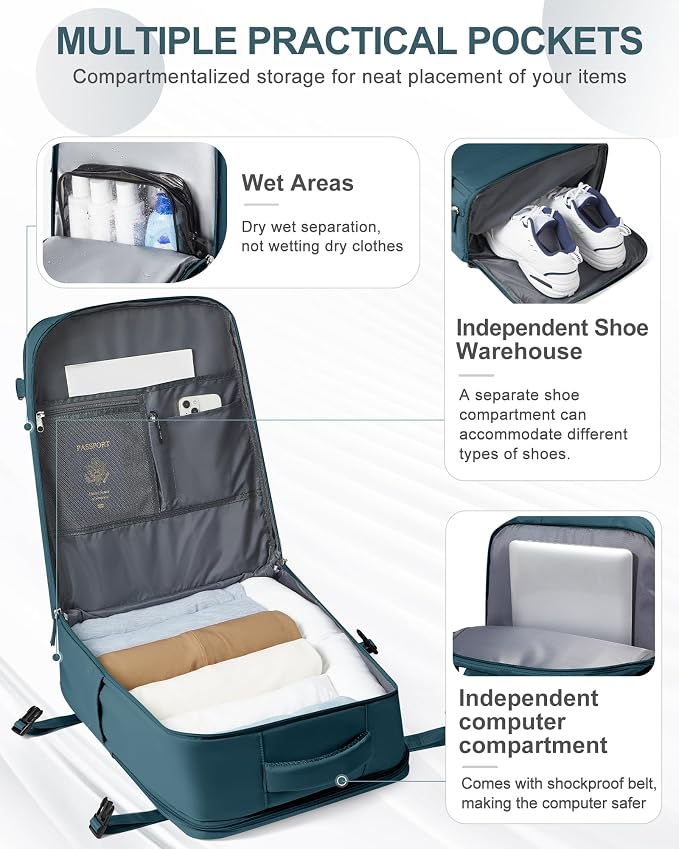 coowoz Large Travel Backpack Carry On for Women Man Waterproof Gym Backpacks Mochila de Viaje Travel Bag Essentials Teacher Personal Item Backpack Rucksack Airplane Accessories Must Haves Peacock Blue - Image 3