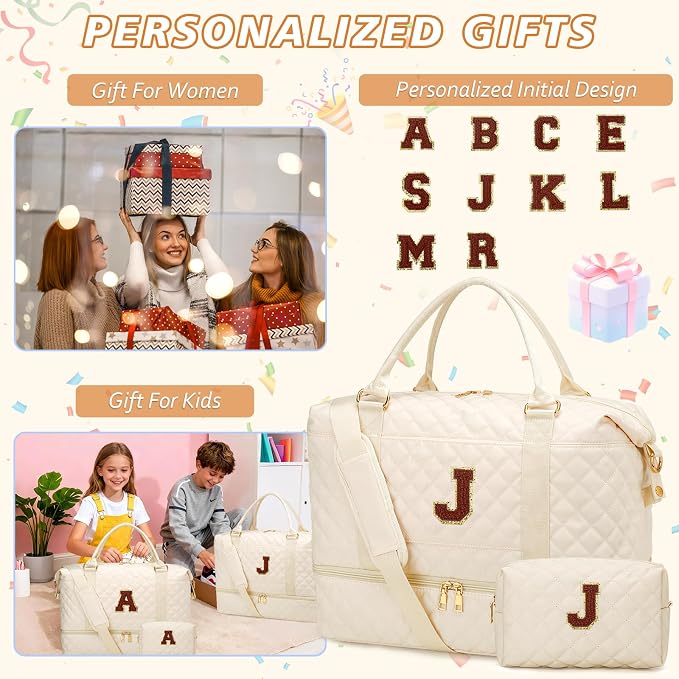 Gift for Women Initial Travel Duffle Bag Quilted Weekender Bags Carry-On Overnight with Cosmetic Bag, Gym Bag with Shoe Compartment Hospital Bag for Women Labor Delivery, Beige-J - Image 3