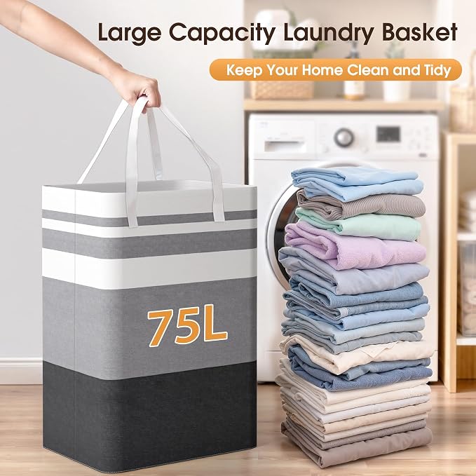 HomeHacks 2 Pack Large Laundry Baskets, Waterproof, Freestanding Laundry Hampers, Collapsible Clothes Hamper with Reinforced Handles in Laundry Room, College Dorm, Bathroom, Bedroom (Grey, 75Lx2) - Image 5