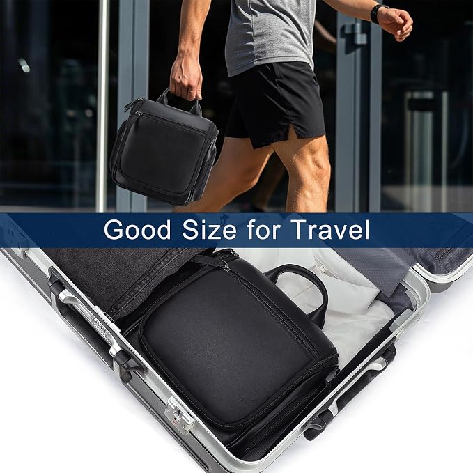 Masa Kawa Leather Hanging Travel Toiletry Bag for Men Portable Expandable Camping Cosmetics Makeup Toiletries Organizer Waterproof Bathroom Shaving Kit Black Wash Bags - Image 5