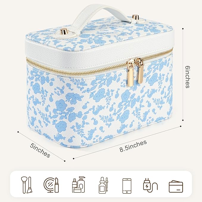 Makeup Bag Travel Toiletry Leather Cosmetic Case, Waterproof Makeup Organizer with Brush Holder, Wipe Clean Removable Divider Vanity Train Bag for Women, Vintage Blue - Image 3