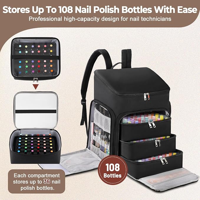 DERSTUEWE Professional Nail Polish Organizer Backpack, Black Storage Case with Multiple Compartments, Portable Travel Carrying Bag for Nail Art Supplies - Image 2