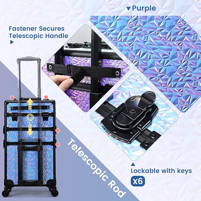 FRENESSA 3 in 1 Rolling Makeup Train Case Professional Cosmetic Trolley Large Storage with Keys Swivel Wheels Salon Barber Case Traveling Cart Trunk for Make Up Hairstylists Nail Tech, Shiny Purple - Image 4