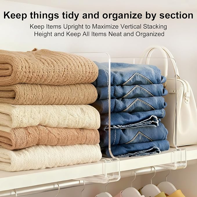 Purse Organizer for Closet Shelf Dividers: 12-Pack Adjustable Clear Acrylic Bag Storage Organizer for Handbags, Sweaters, Towels, Jeans and Shoes on Wood Shelves - Image 4