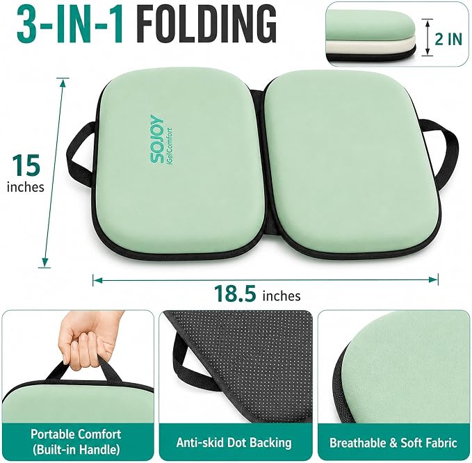 Sojoy 3-in-1 Foldable Gel Seat Cushion with Memory Foam Ergonomic Portable Cushion for Back Pain & Tailbone Relief - Perfect for Office Chair, Airplane Travel & Stadium Seats (18.5" x 15" x 2" Green) - Image 6