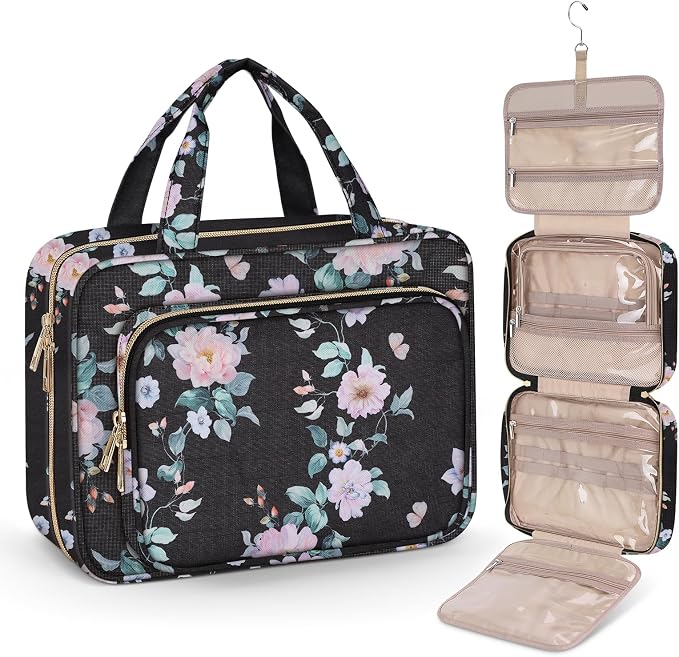 Wedama Toiletry Bag for Women, Large Cosmetic Travel Bag, Hanging Toiletry Bag for Bathroom, PVC Waterproof Makeup Bag, Toiletries Bag for Travel Business Trips and Camping, Black+Pink Floral by Wedama