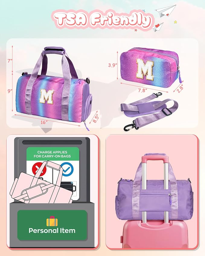 Gifts for 3 4 5 6 7 8 9 10 Year Old Girls-Girl Gym Bag with Shoe Compartment, Kid Personalized Weekender Overnight Bags, Initial Travel Tote with Makeup Pouch, Graduation Gift (Letter M) - Image 3